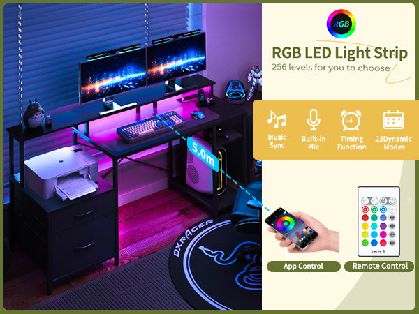 Computer Desk, Gaming Desk with LED Lights & Outlets