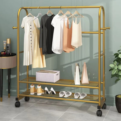 Golden Clothes Rack On Wheels with rail and 2 shelves