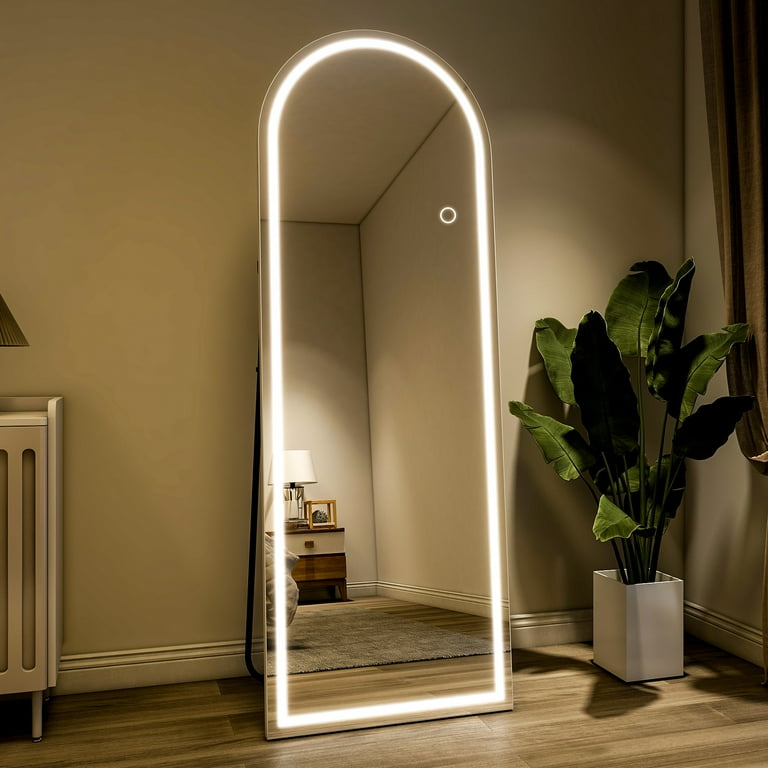 Elegant Arched Full Length Mirror with Lights, Dimmable Touch Switch, Free Standing/Wall Mounted, HD & Explosion-Proof