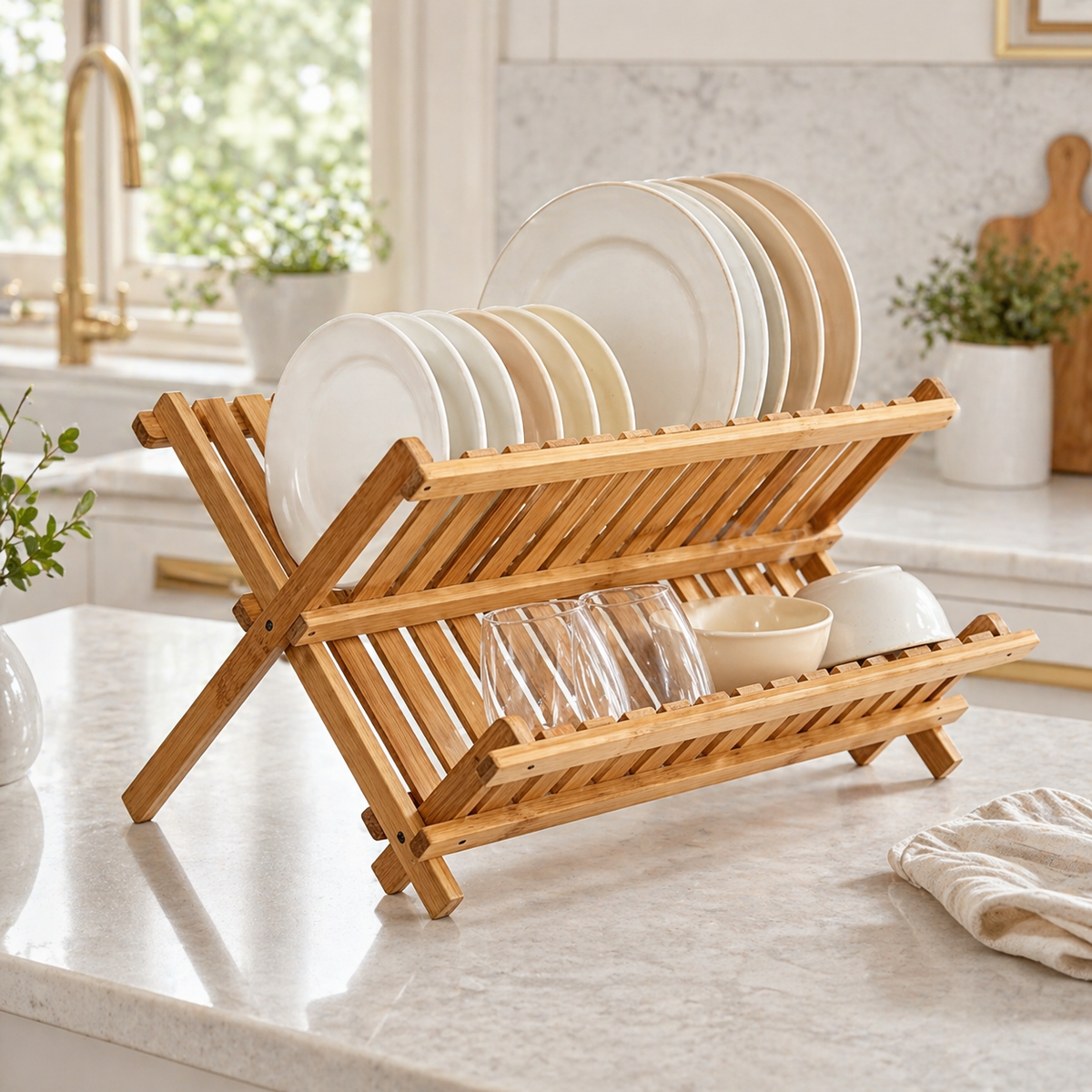 Bamboo Dish Drying Rack (2-Tier Collapsible)