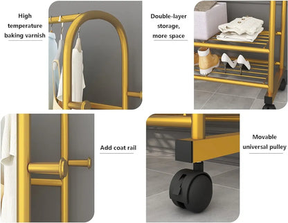 Golden Clothes Rack On Wheels with rail and 2 shelves