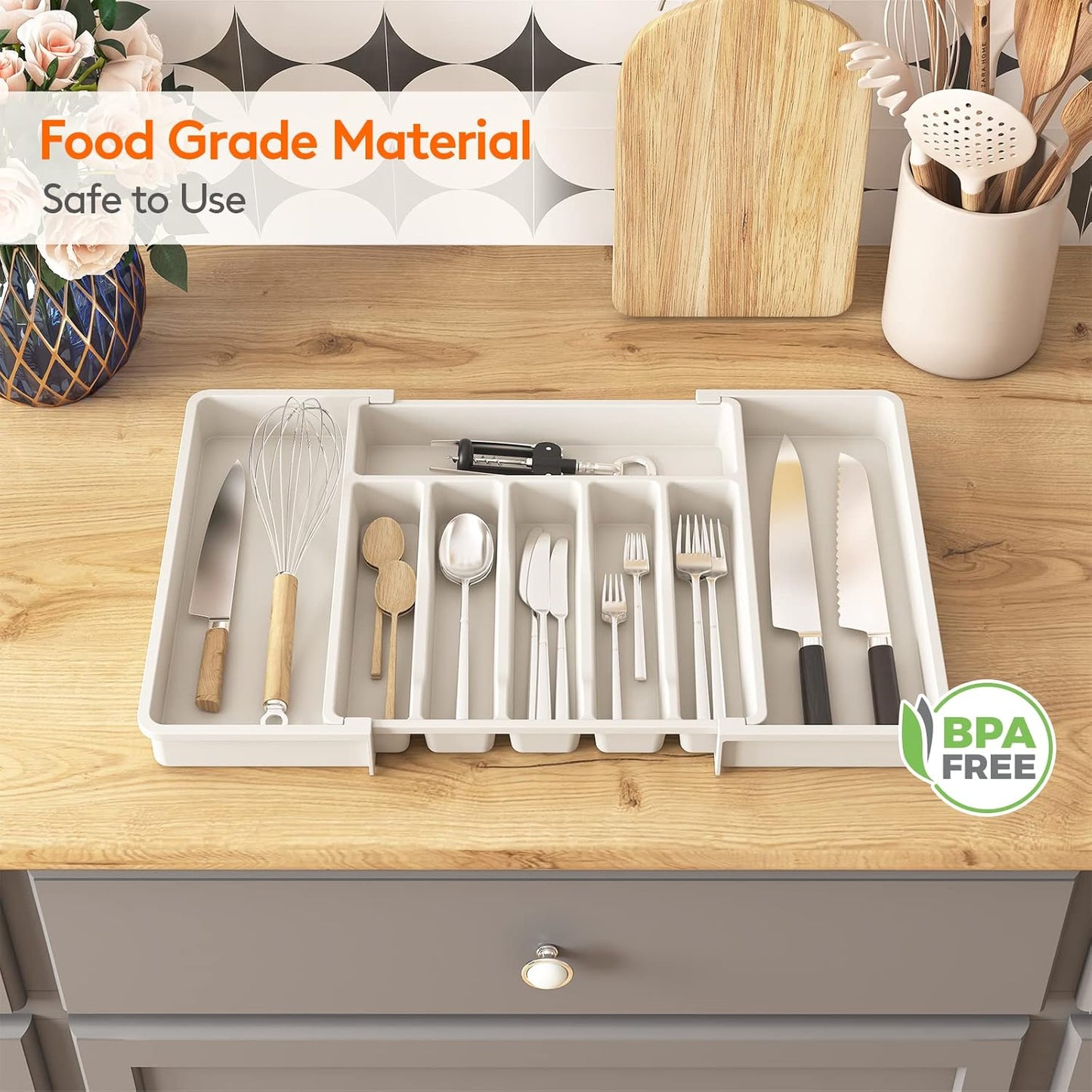 Extra Large Extendable Cutlery Storage Organizer (White)