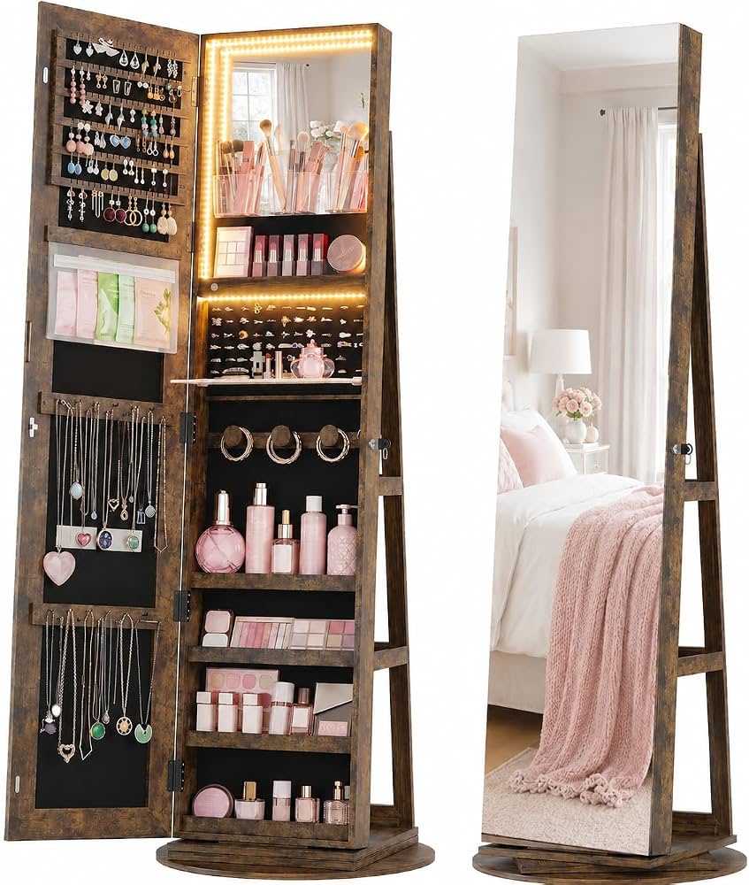 360° Swivel Mirror Jewelry Cabinet