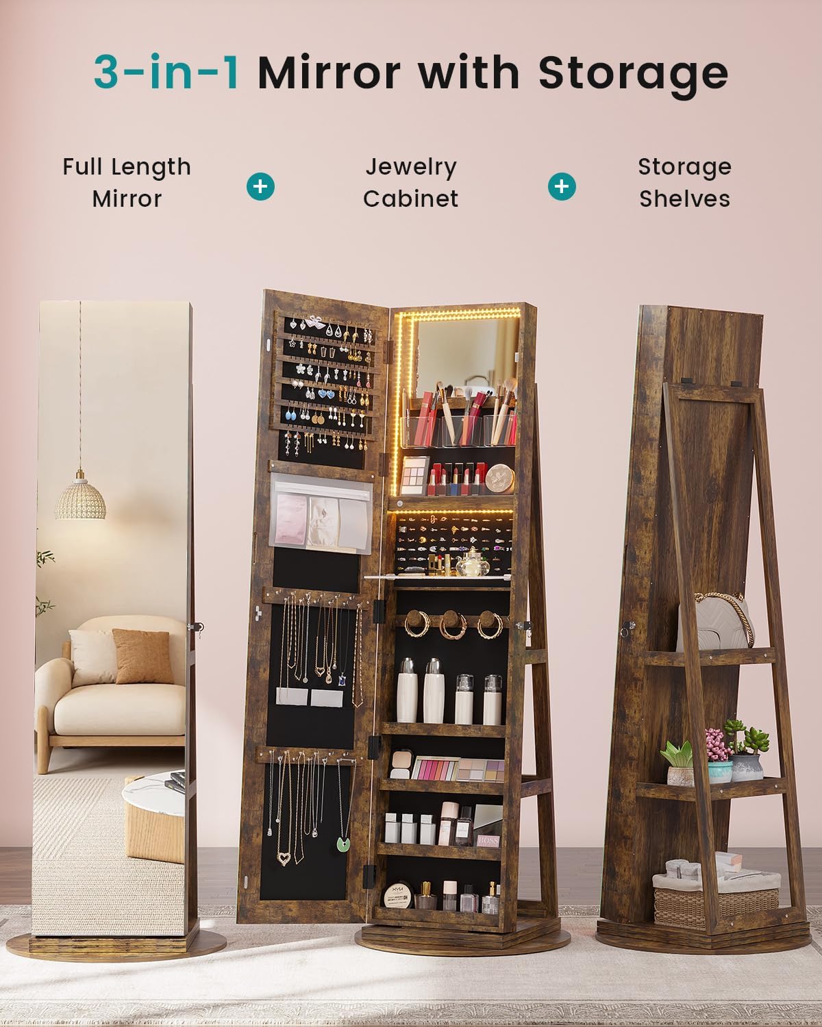 360° Swivel Mirror Jewelry Cabinet