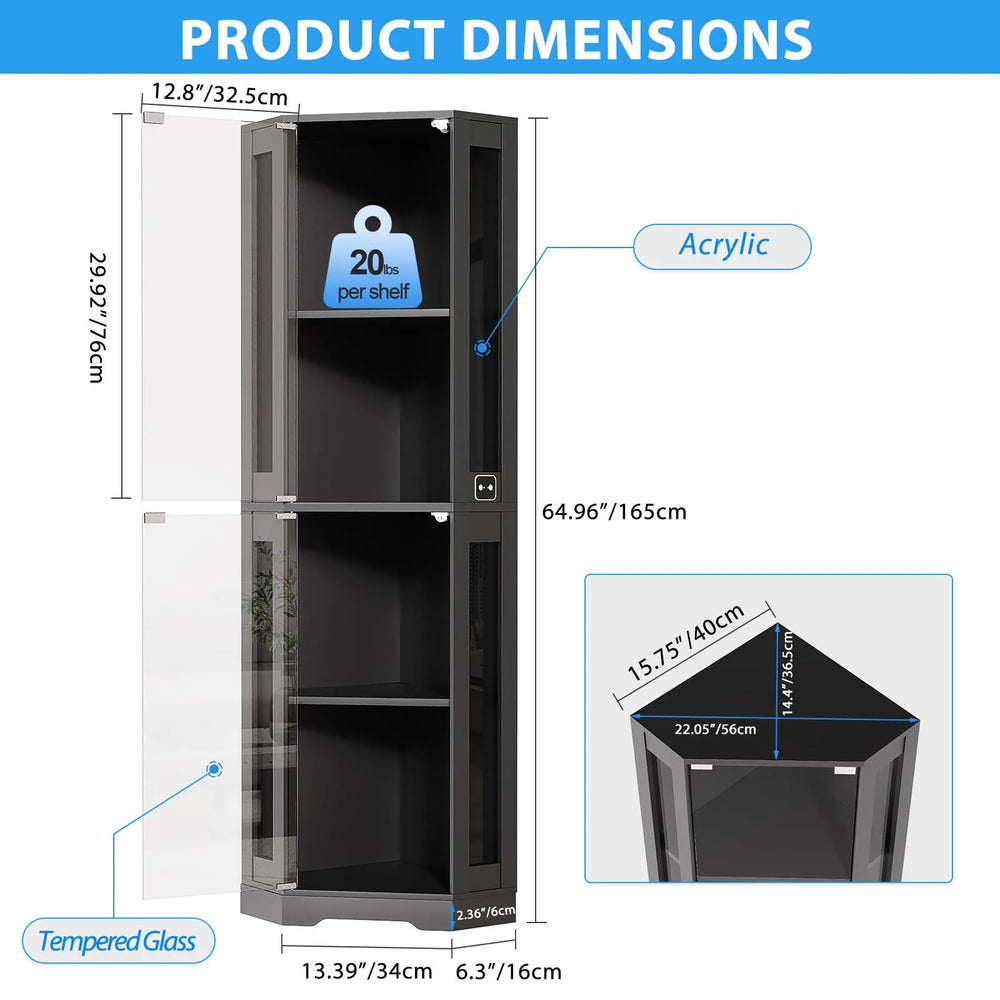 BROTTAR Corner Glass Display Cabinet with LED Lights (Black)