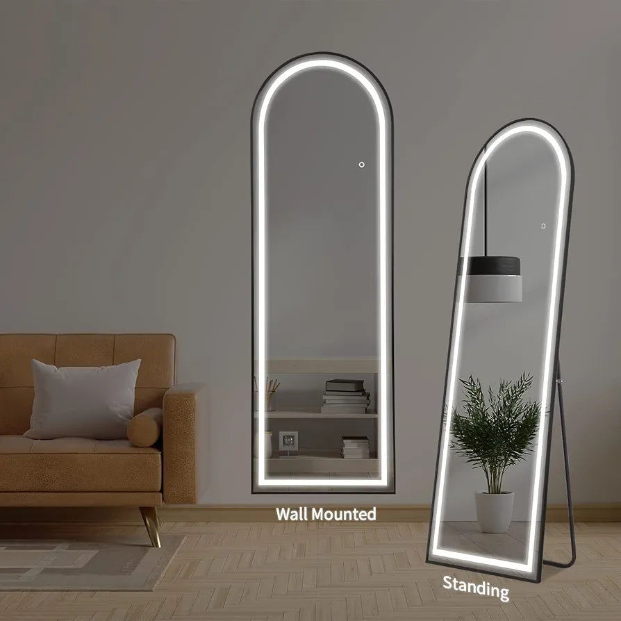 Elegant Arched Full Length Mirror with Lights, Dimmable Touch Switch, Free Standing/Wall Mounted, HD & Explosion-Proof