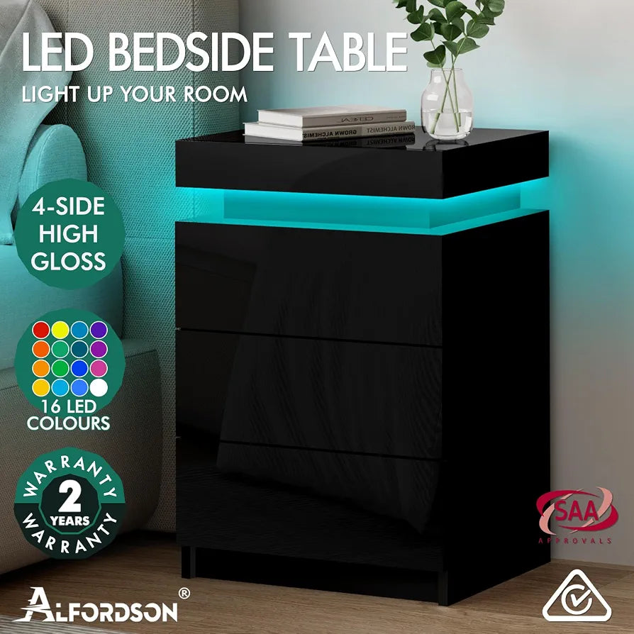 ALFORDSON LED Bedside Table with 3-Drawer Black