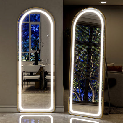 Elegant Arched Full Length Mirror with Lights, Dimmable Touch Switch, Free Standing/Wall Mounted, HD & Explosion-Proof