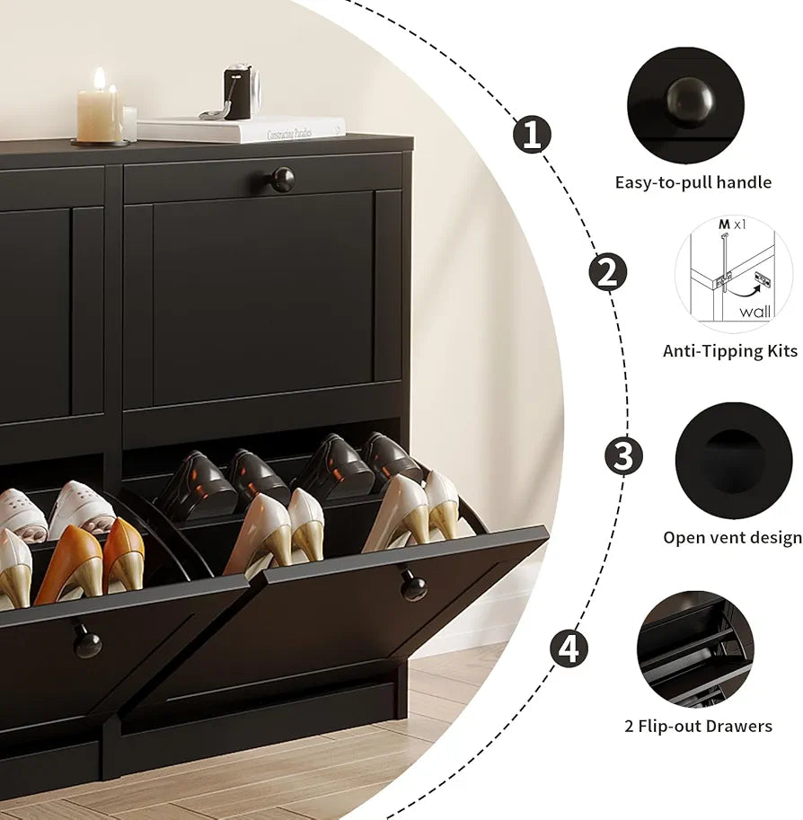 VOWNER Shoe Cabinet with 4 Flip Drawers