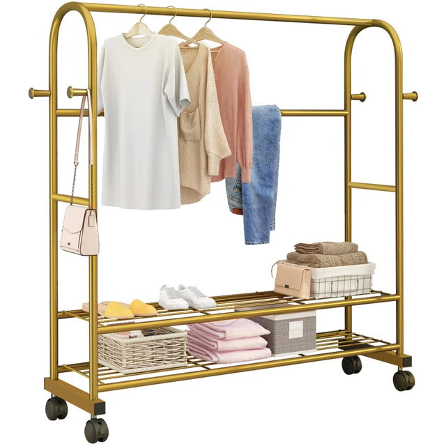 Golden Clothes Rack On Wheels with rail and 2 shelves