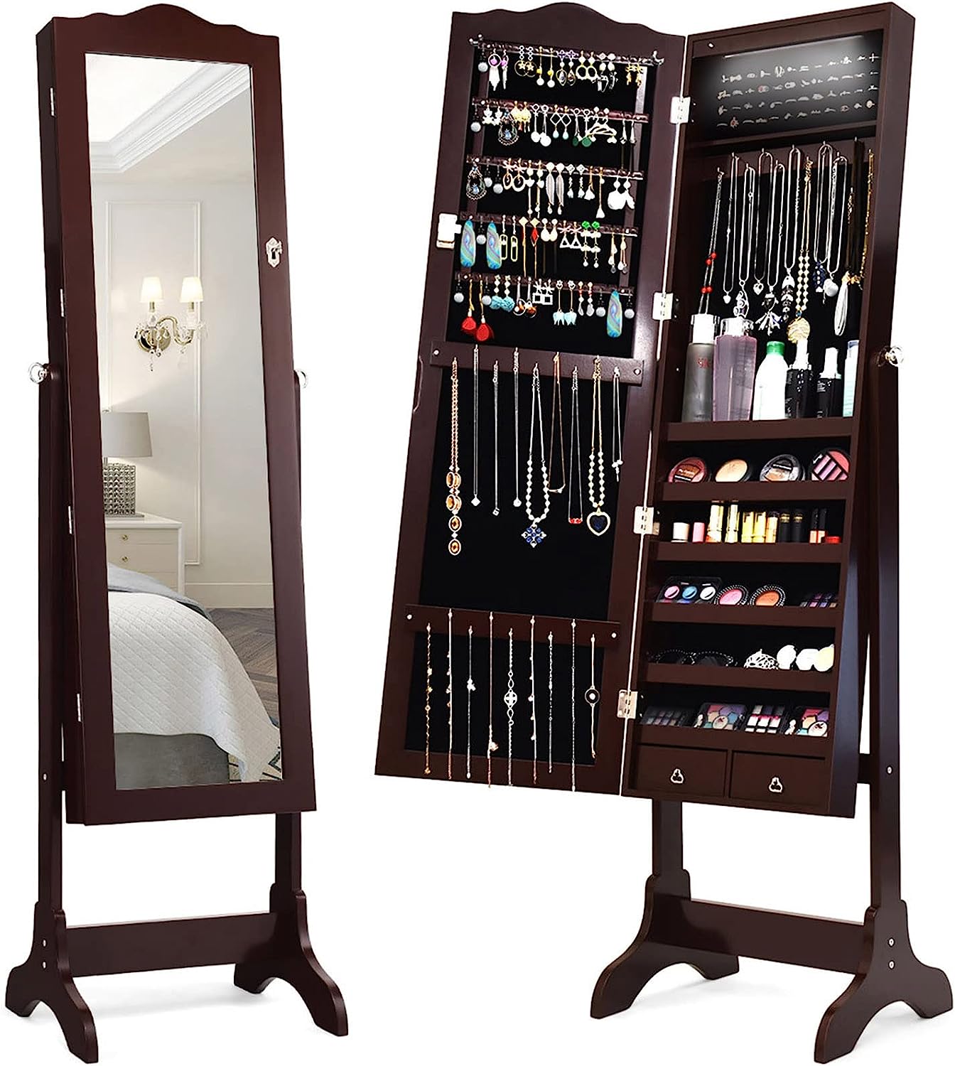 Standing Jewelry Mirror Armoire with LED Lights